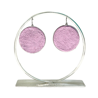 Lambskin Round Earrings - Pastel Pink Metallic on Silver