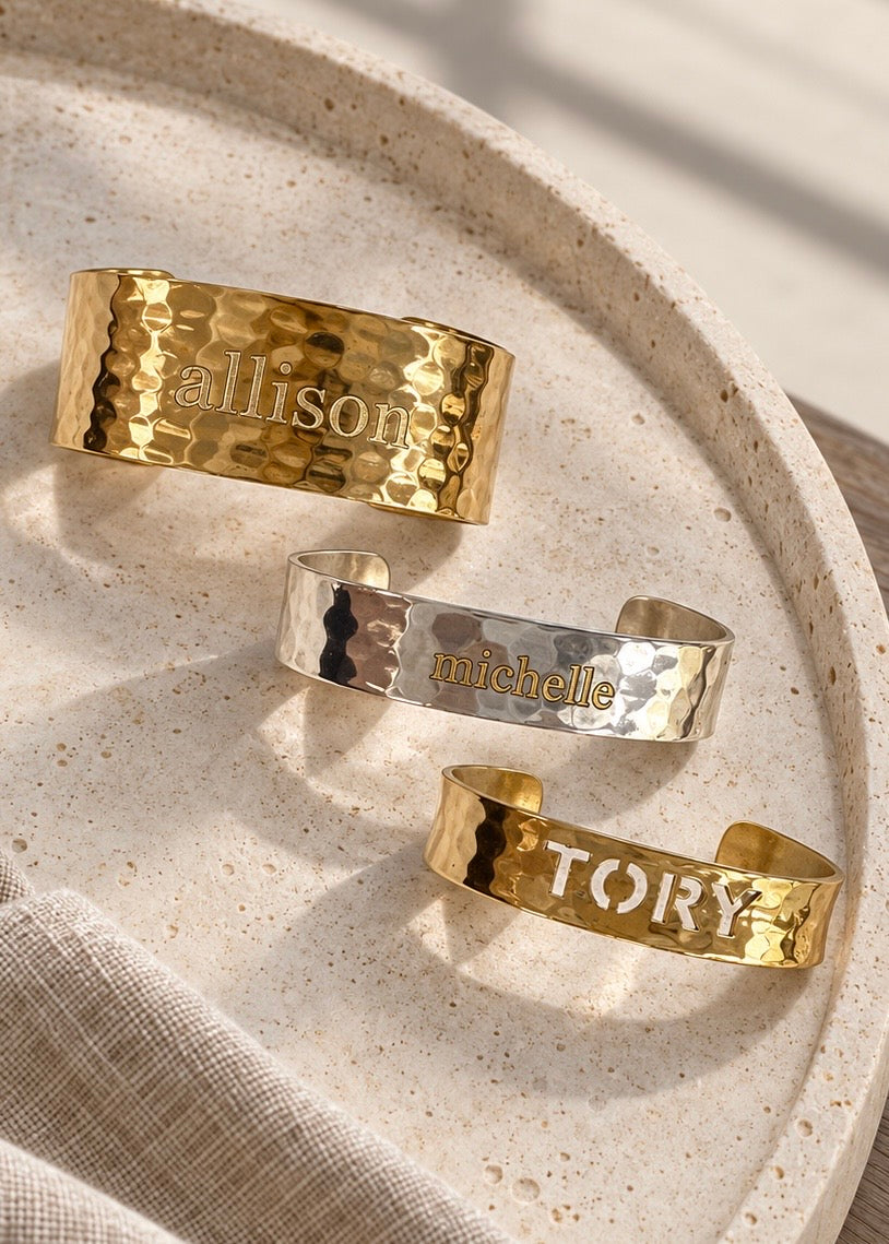 Hammered Engraved Name Cuff – 1½″ Gold