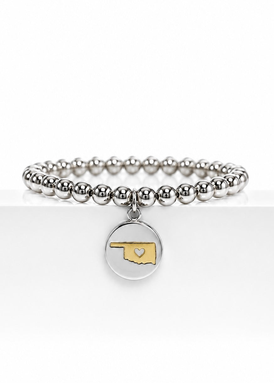 Oklahoma Engraved Charm Beaded Bracelet