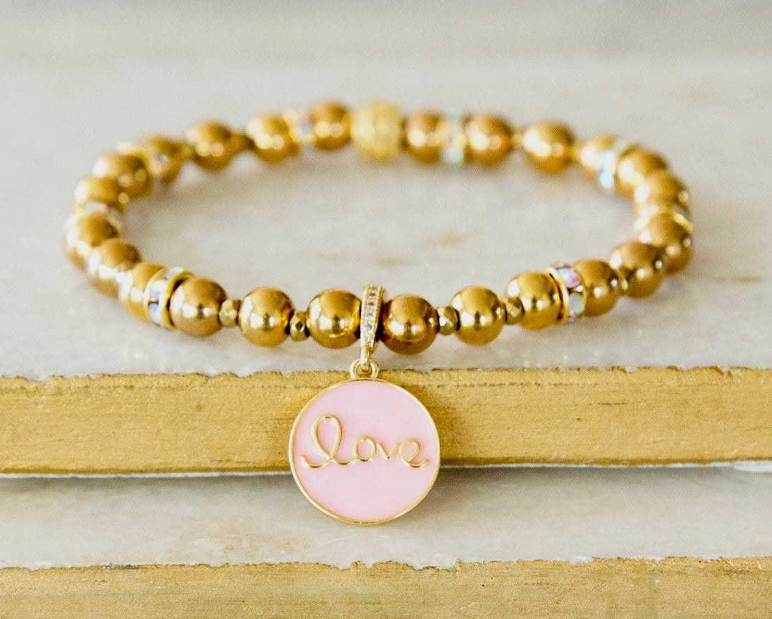 Sweetheart Pink Enamel Love Charm - Gold