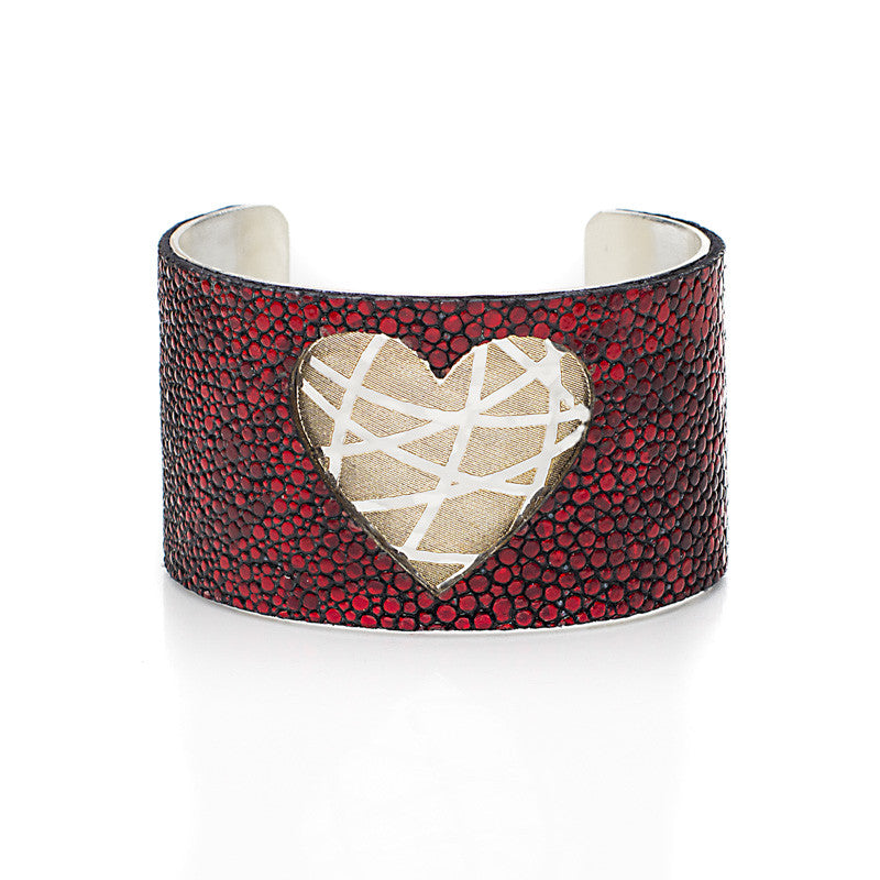 +1.5 Engraved with Red Stingray Overlay on Silver Cuff - Heart