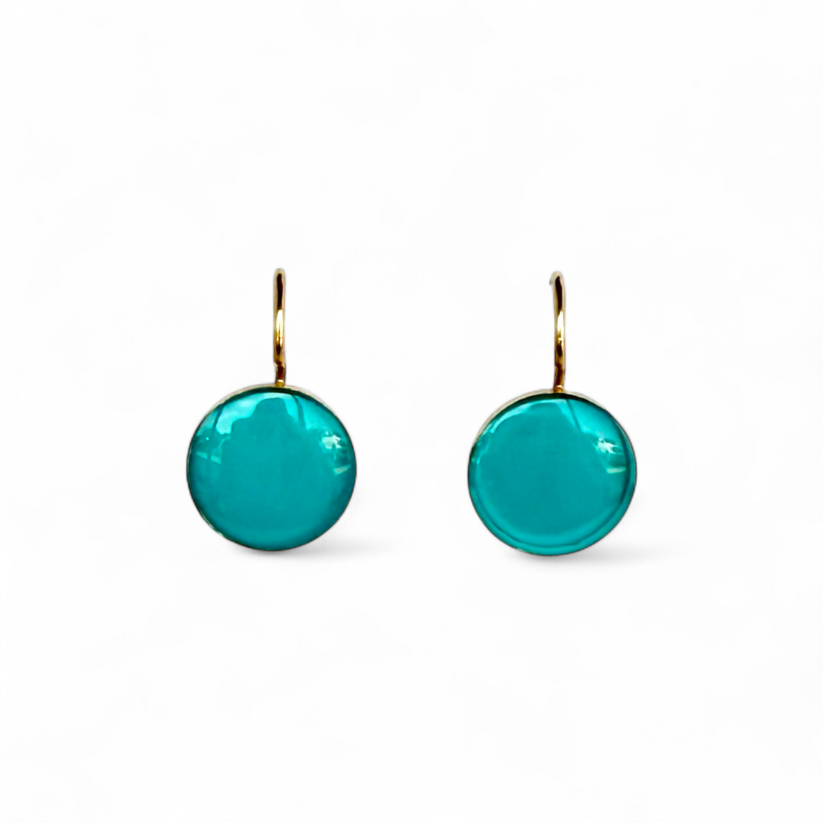 Deep aqua round drop earrings with gold-tone rims, front view