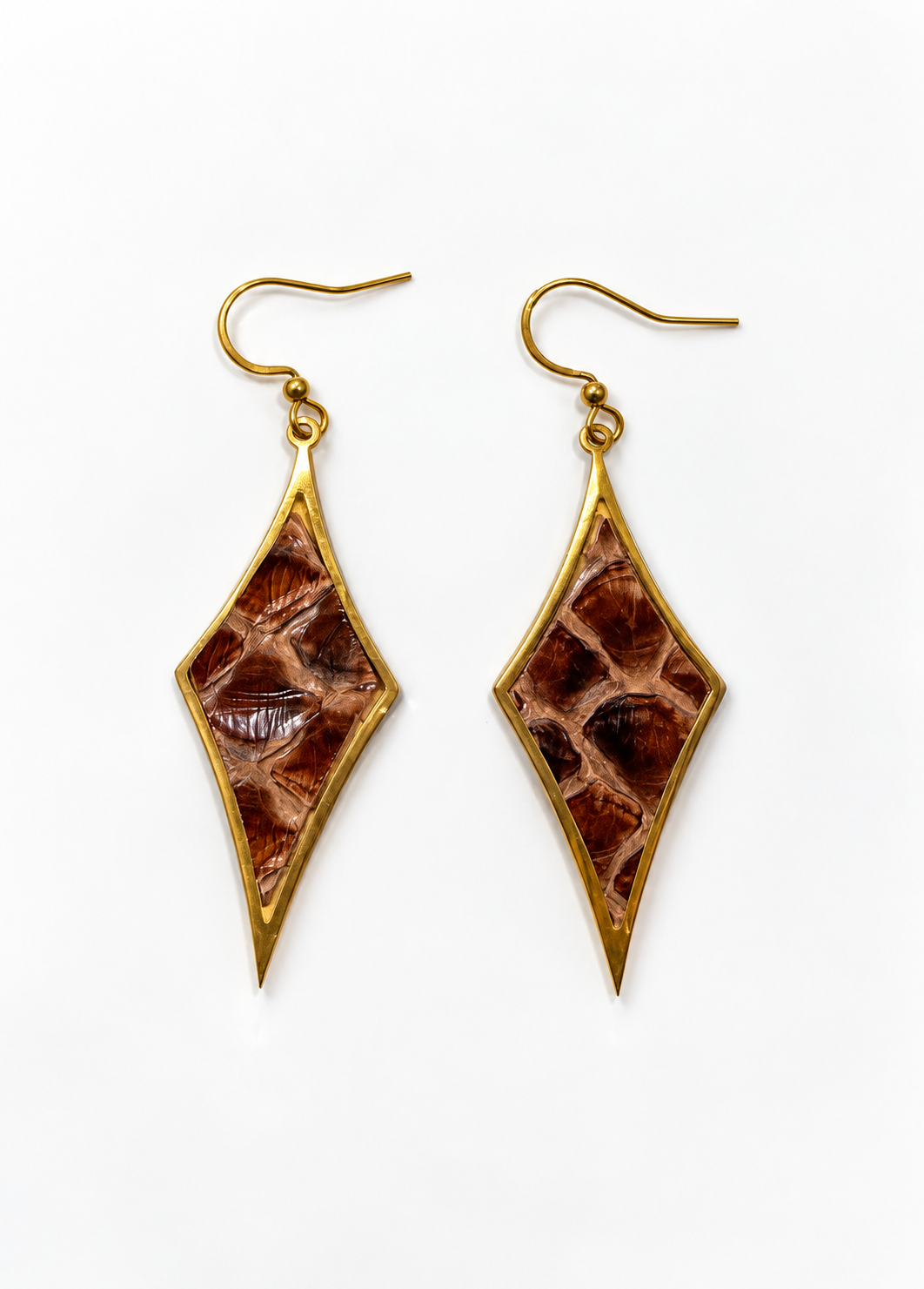 After Hours diamond-shaped brown python earrings with gold-tone frames