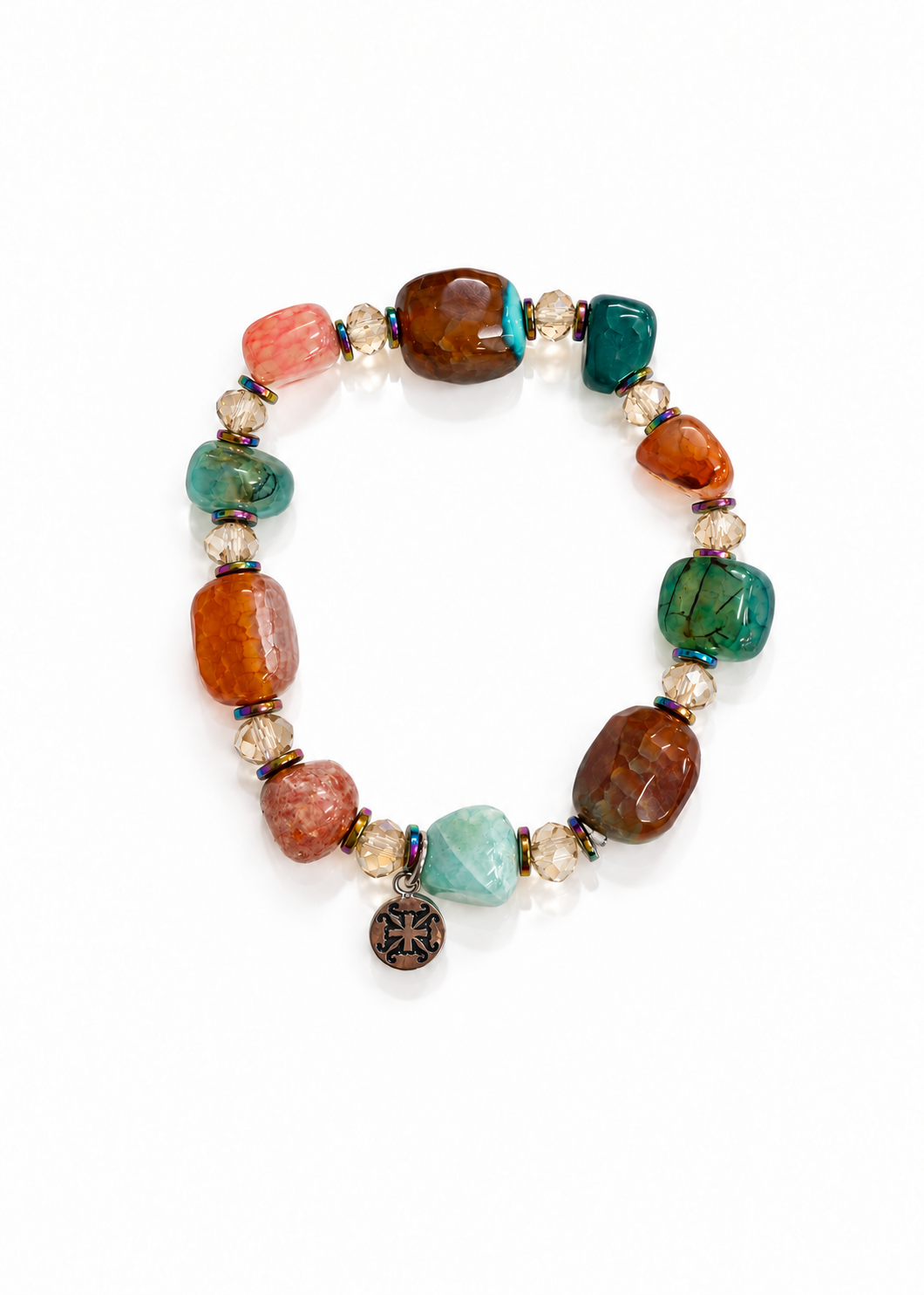 Top view of Chasing Color bracelet with Rustic Cuff logo charm
