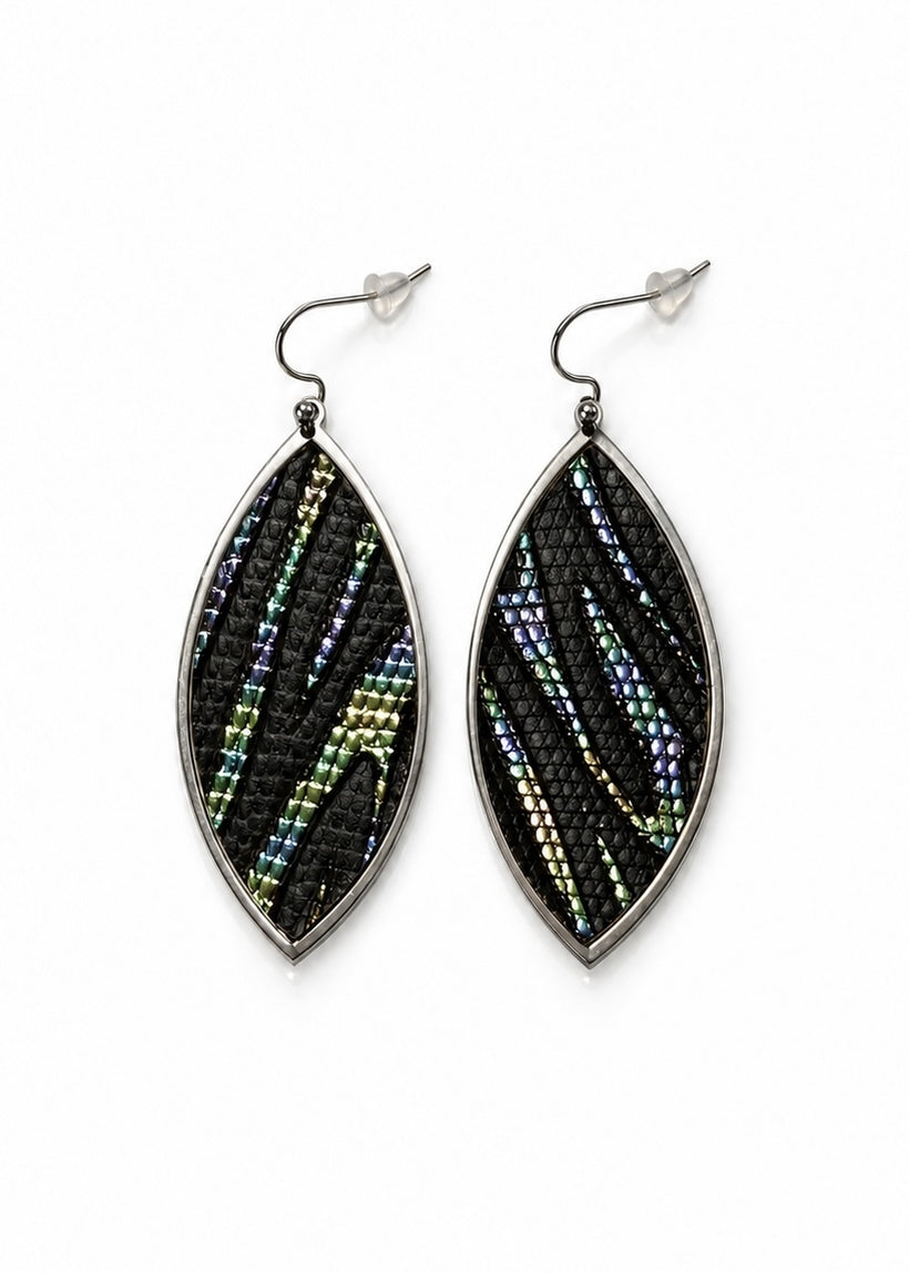 Electric Nights leaf-shaped lizard skin earrings framed in silver stainless steel
