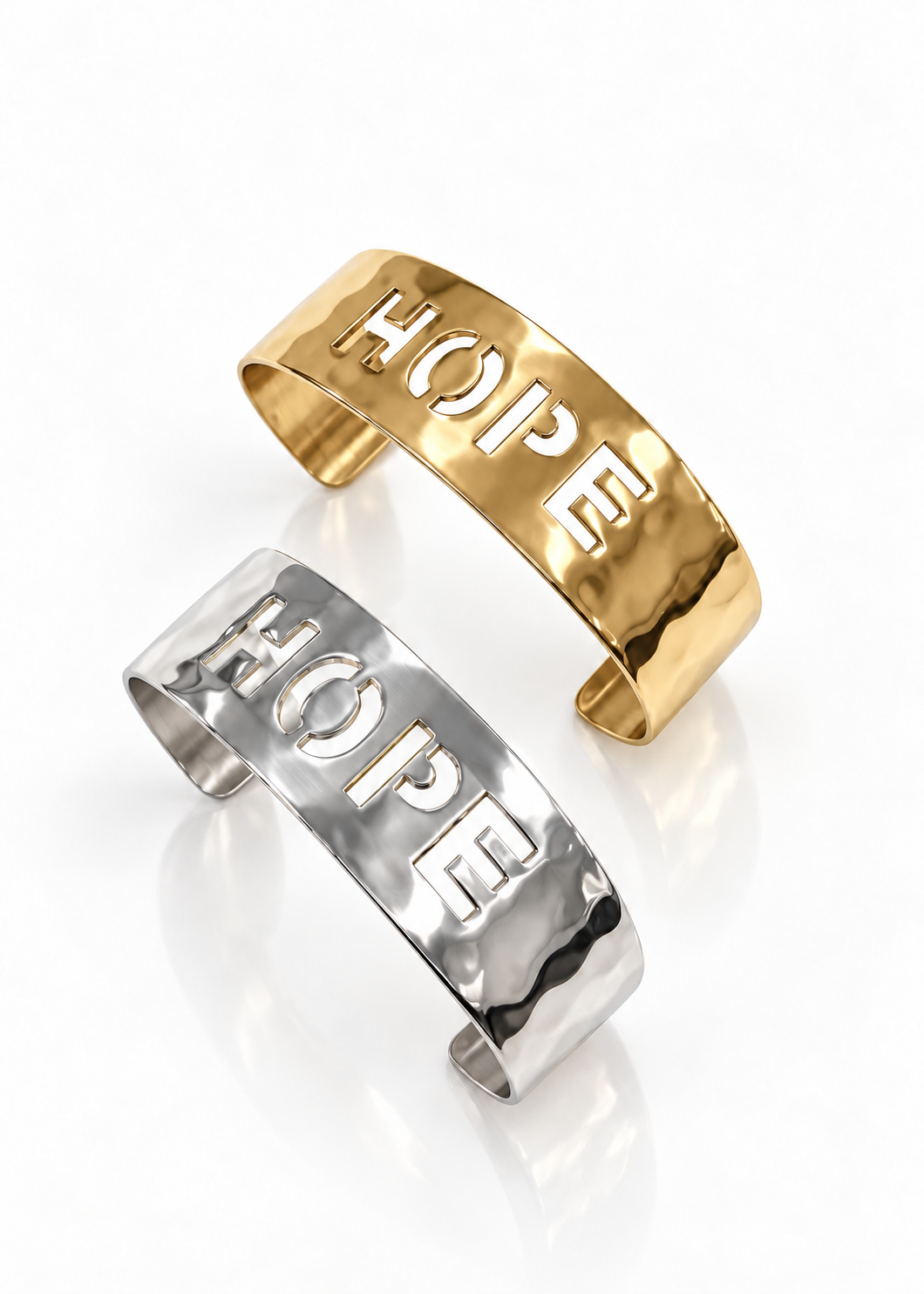 Hammered Cutout Hope Cuffs in Gold and Silver