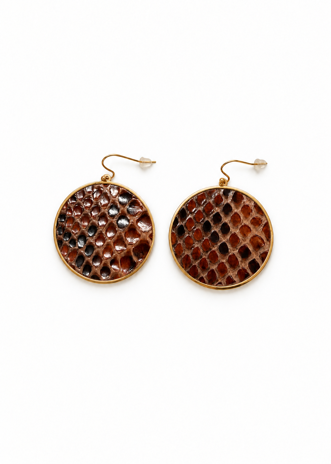 Main Event round brown python earrings with gold-tone frames