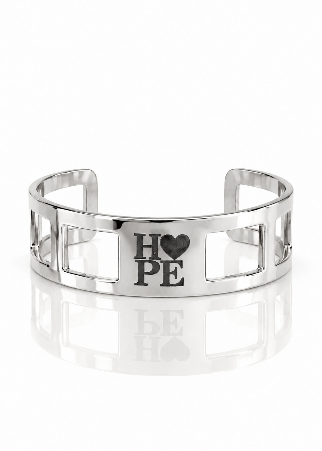 Single silver Open Frame HOPE cuff with engraved H, heart, P and E