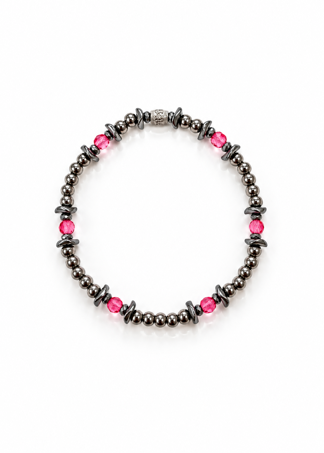 Party Favor Silver bracelet with silver beads and pink accents, overhead view