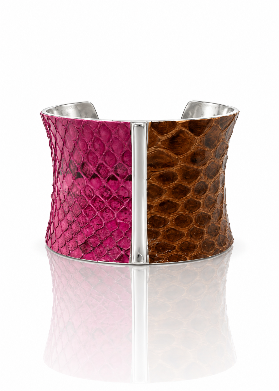 Party Instinct pink and brown python cuff with silver-tone trim, front view