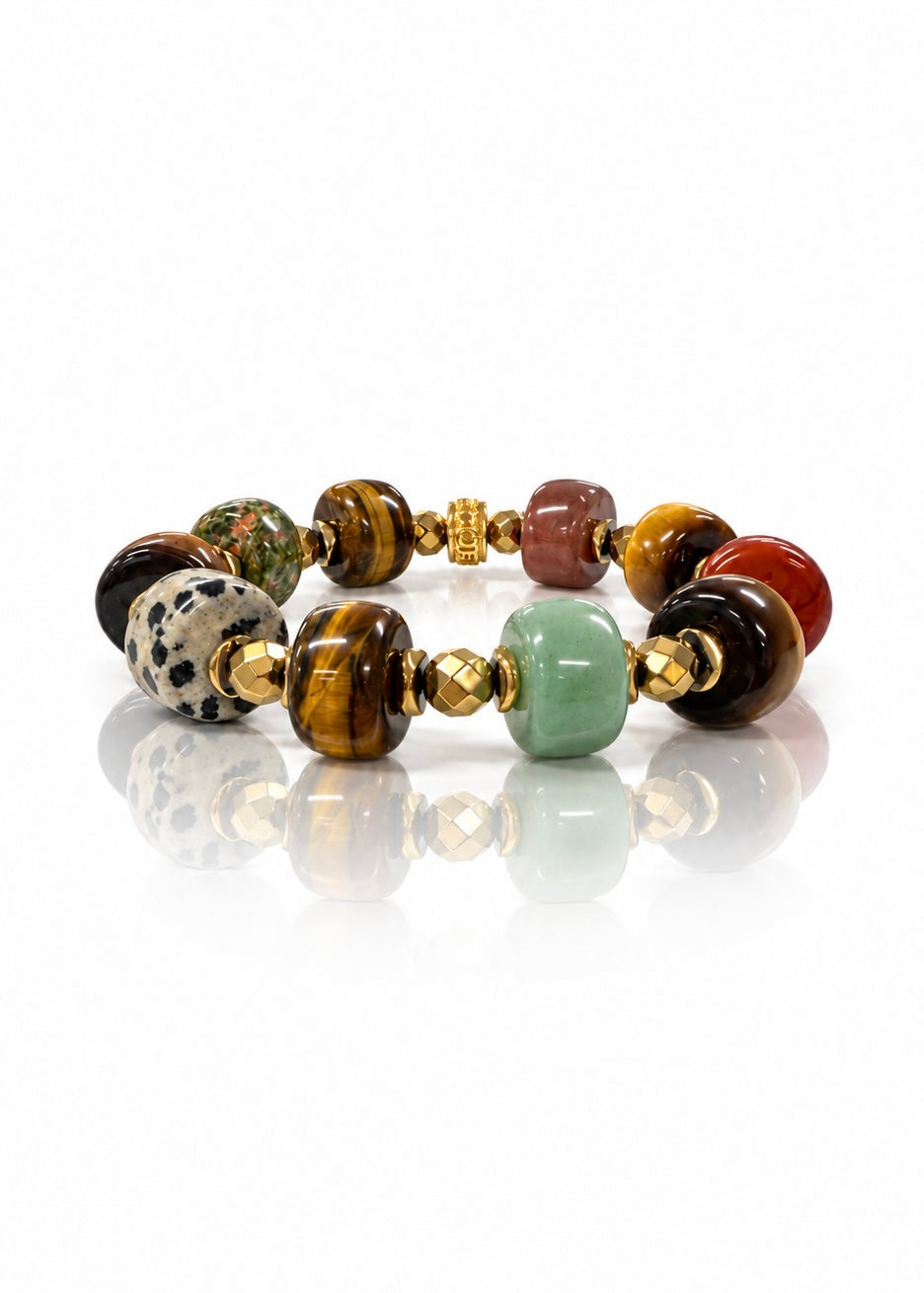 Party Mix natural stone and gold-tone hematite bracelet, front view