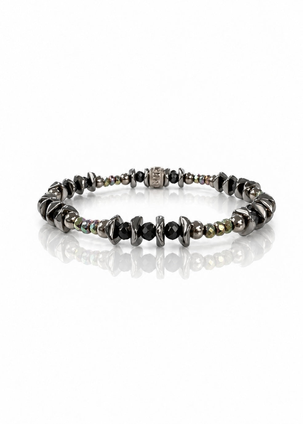 Polished Chaos hematite bracelet with Rustic Cuff logo, front view