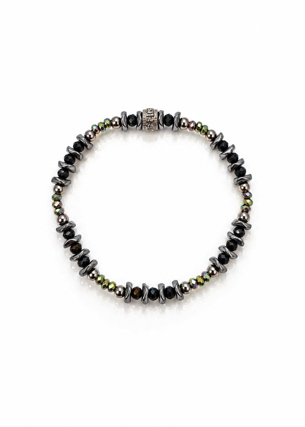 Polished Chaos hematite bracelet with Rustic Cuff logo, top view