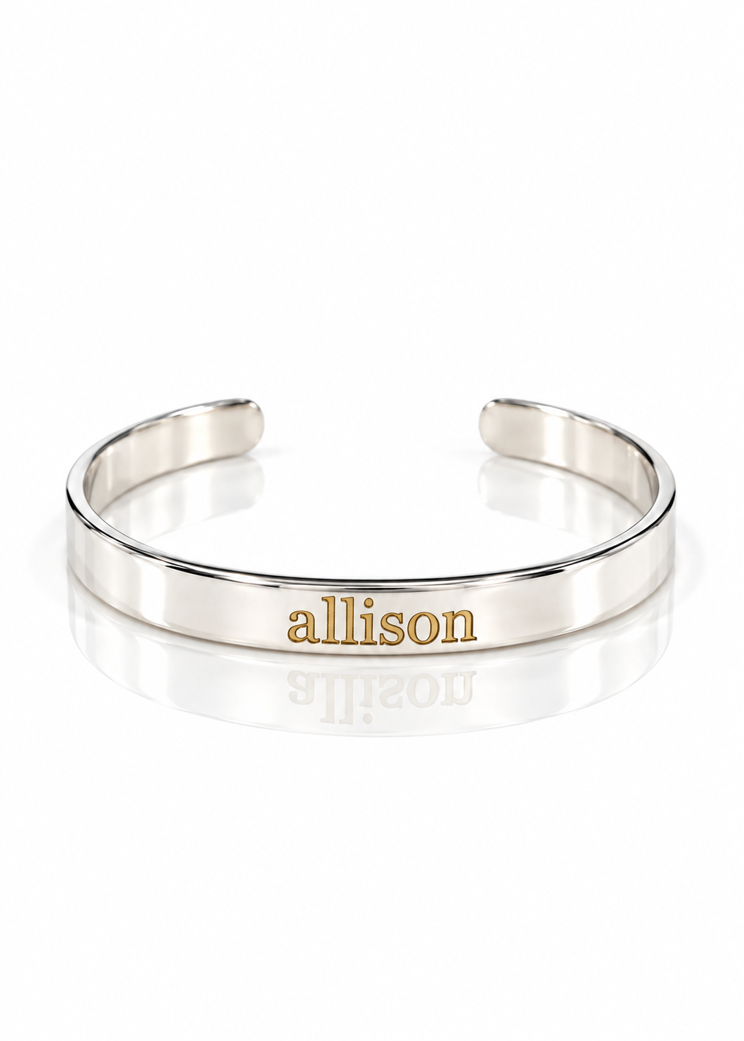 ¼-inch silver engraved name cuff with gold-colored lettering