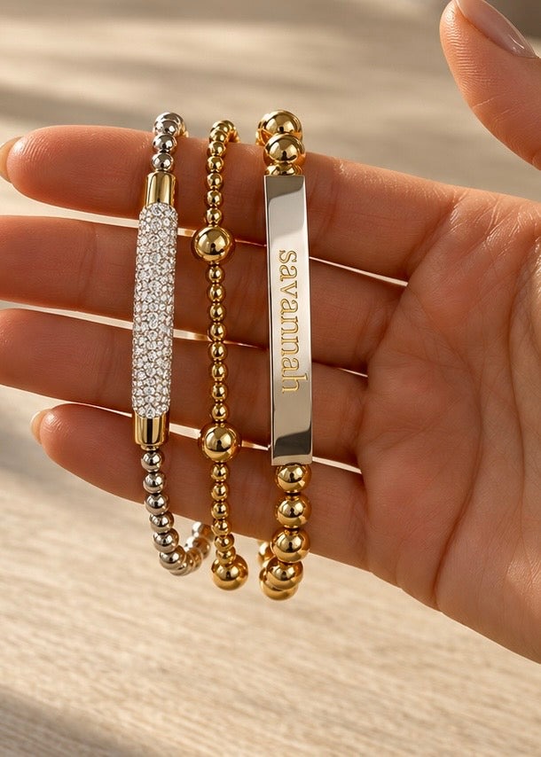 Signature Name Bracelet with 6mm gold beads