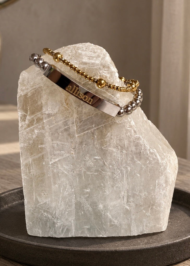 Signature Name Bracelet with 6mm silver beads