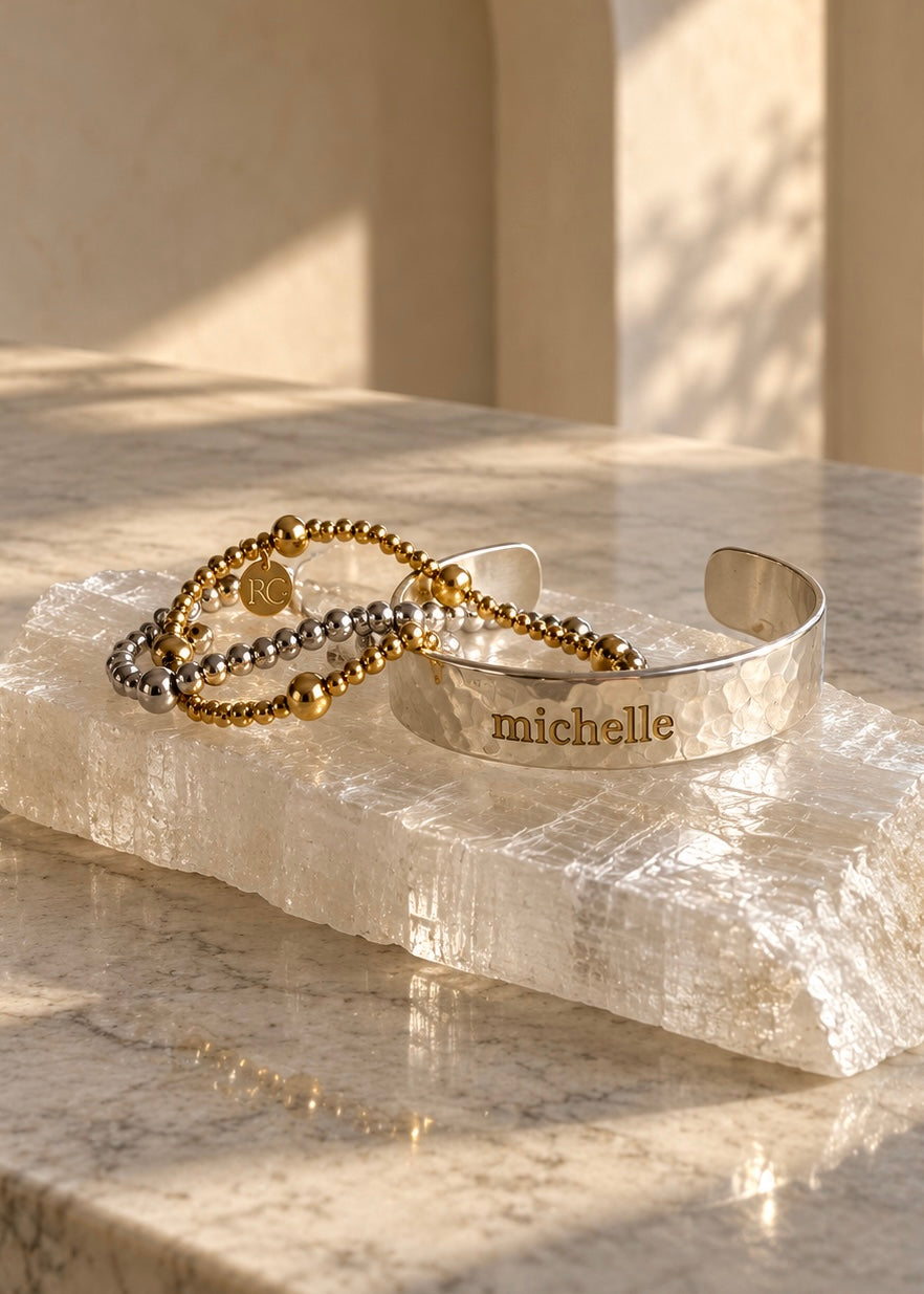 Hammered Engraved Name Cuff – ½″ Silver