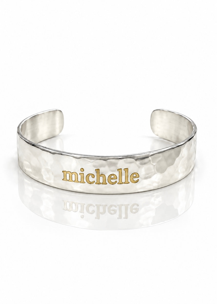 Hammered Engraved Name Cuff – ½″ Silver