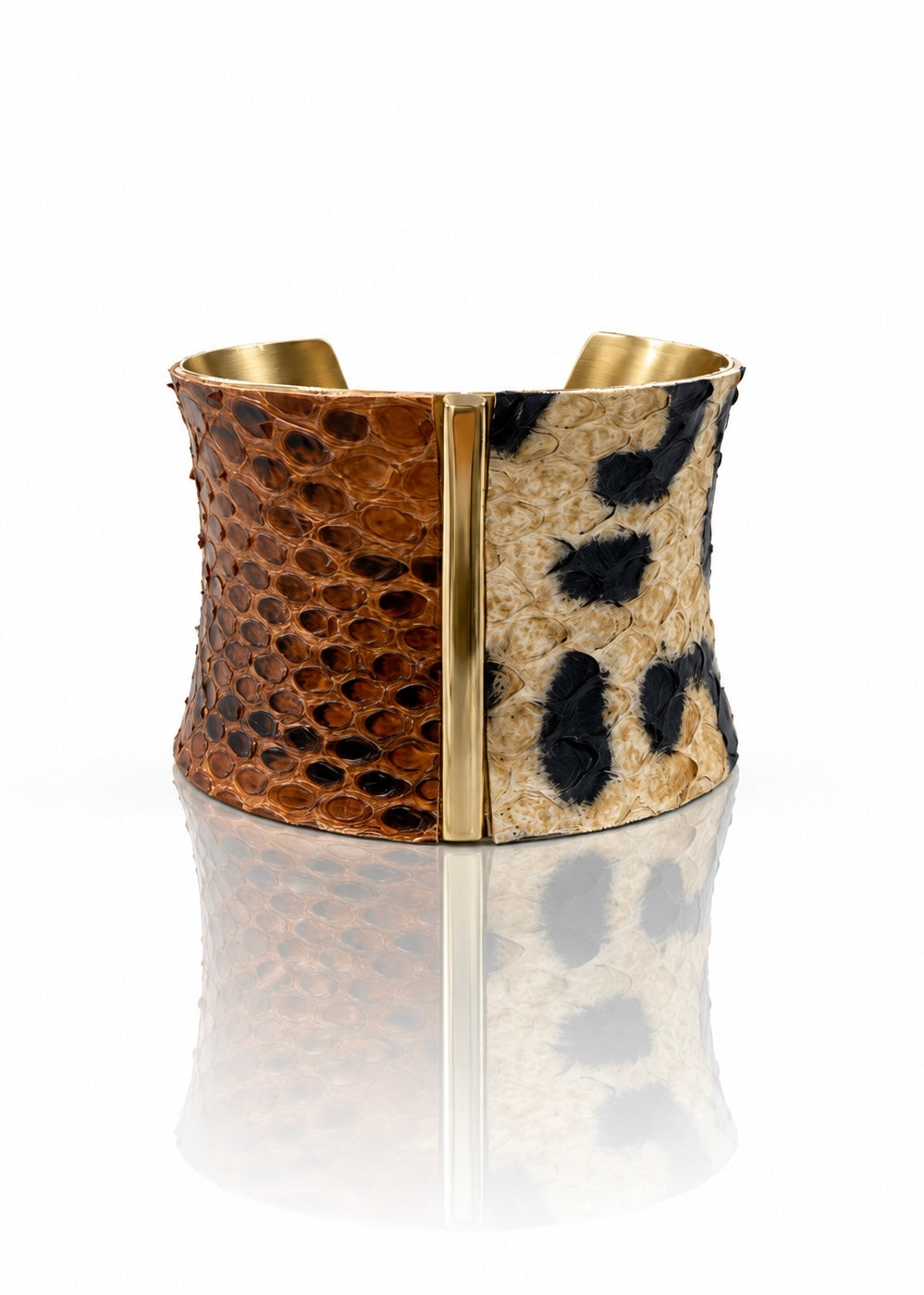 Spot On brown python and leopard-print gold-tone cuff, front view