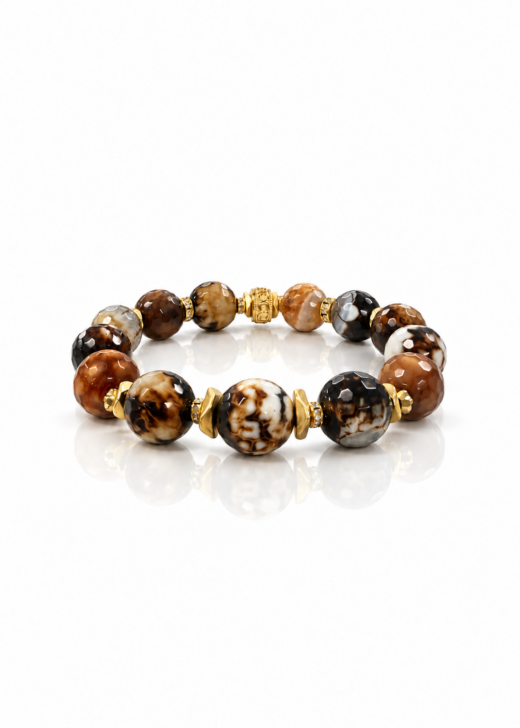 Spotted Out bracelet with patterned brown beads and gold-tone spacers, side view