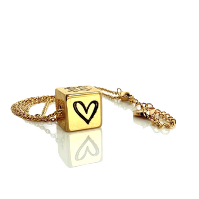 Heart Etched Cube Necklace - Gold