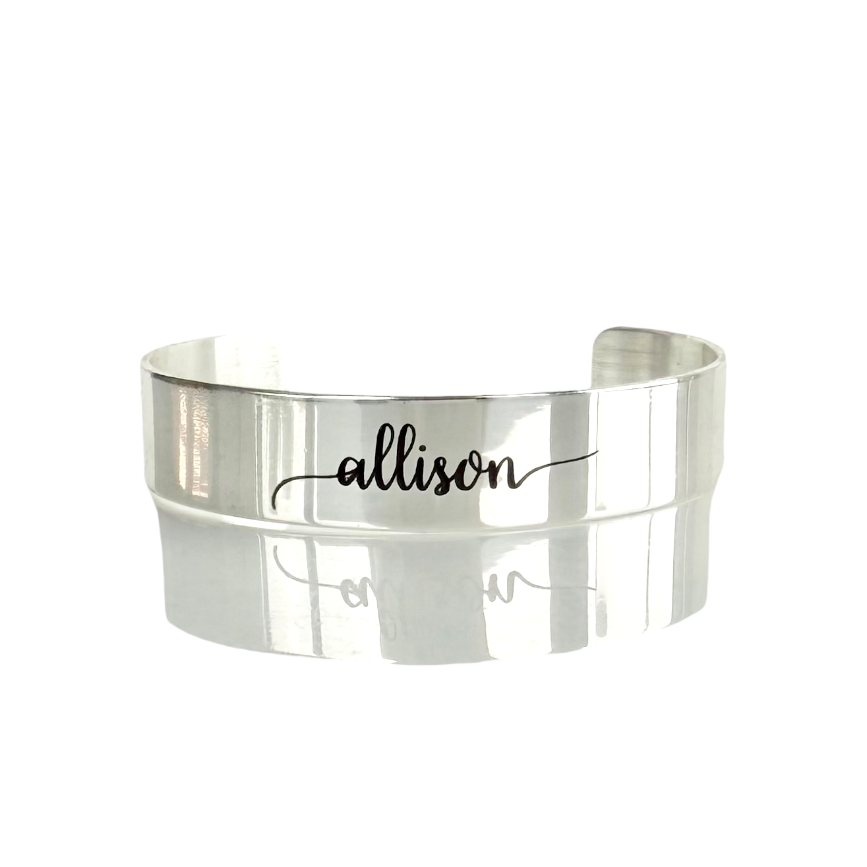 .5 Custom Engraved Smooth Silver Cuff - Lower Case Name in Pacifico Font