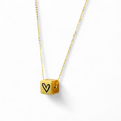 Heart Etched Cube Necklace - Gold