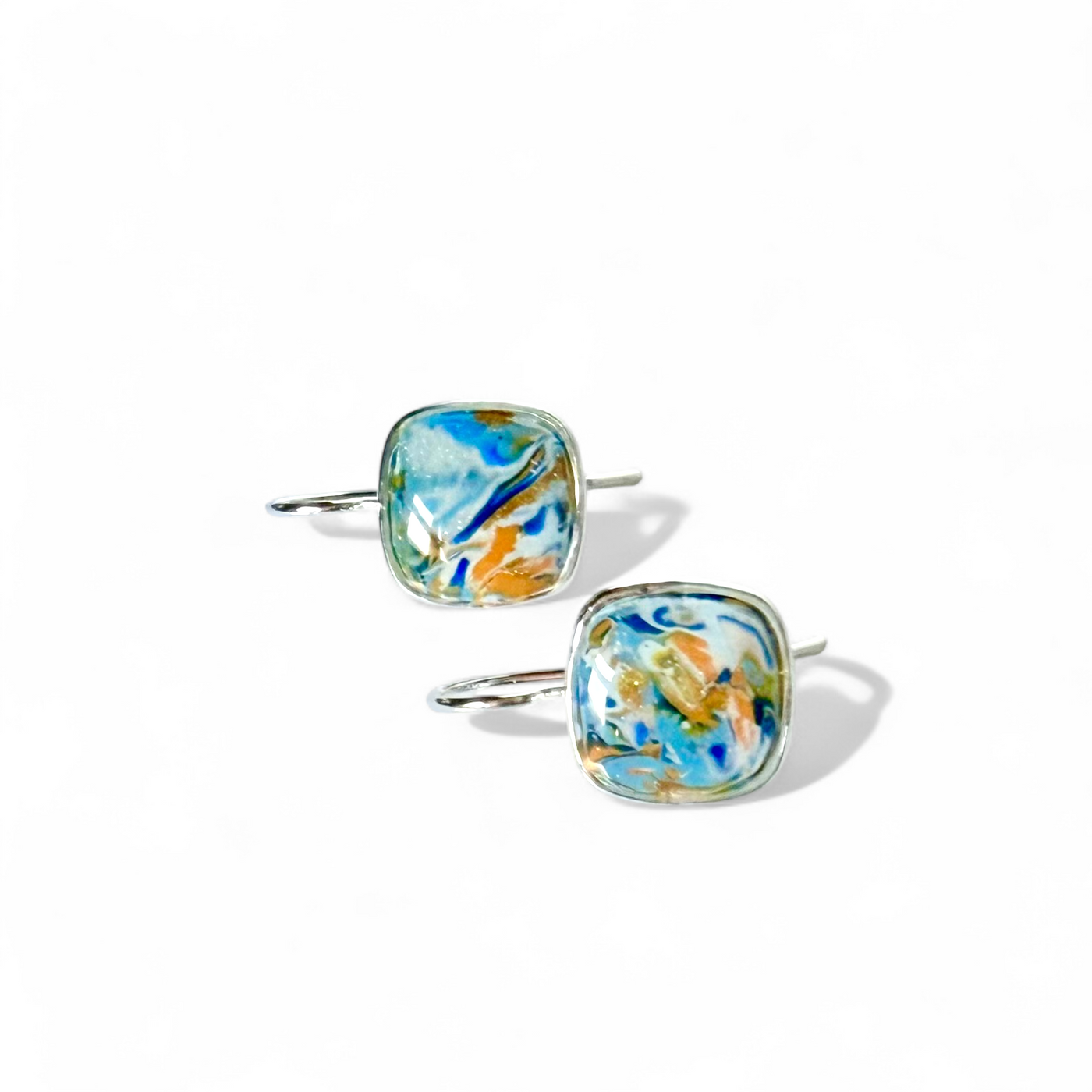 Square Drop Earrings - Swirled Summer Sunset - Silver