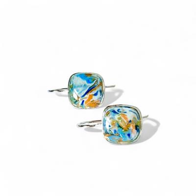 Square Drop Earrings - Swirled Summer Sunset - Silver