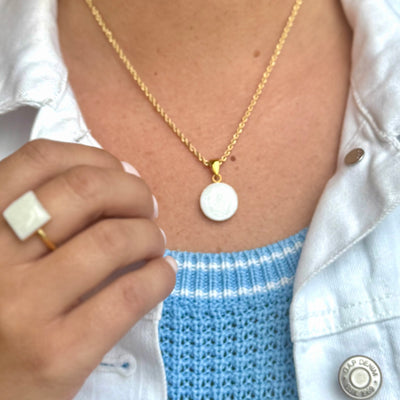 Small Round Pendant Gold Necklace - Pearl White