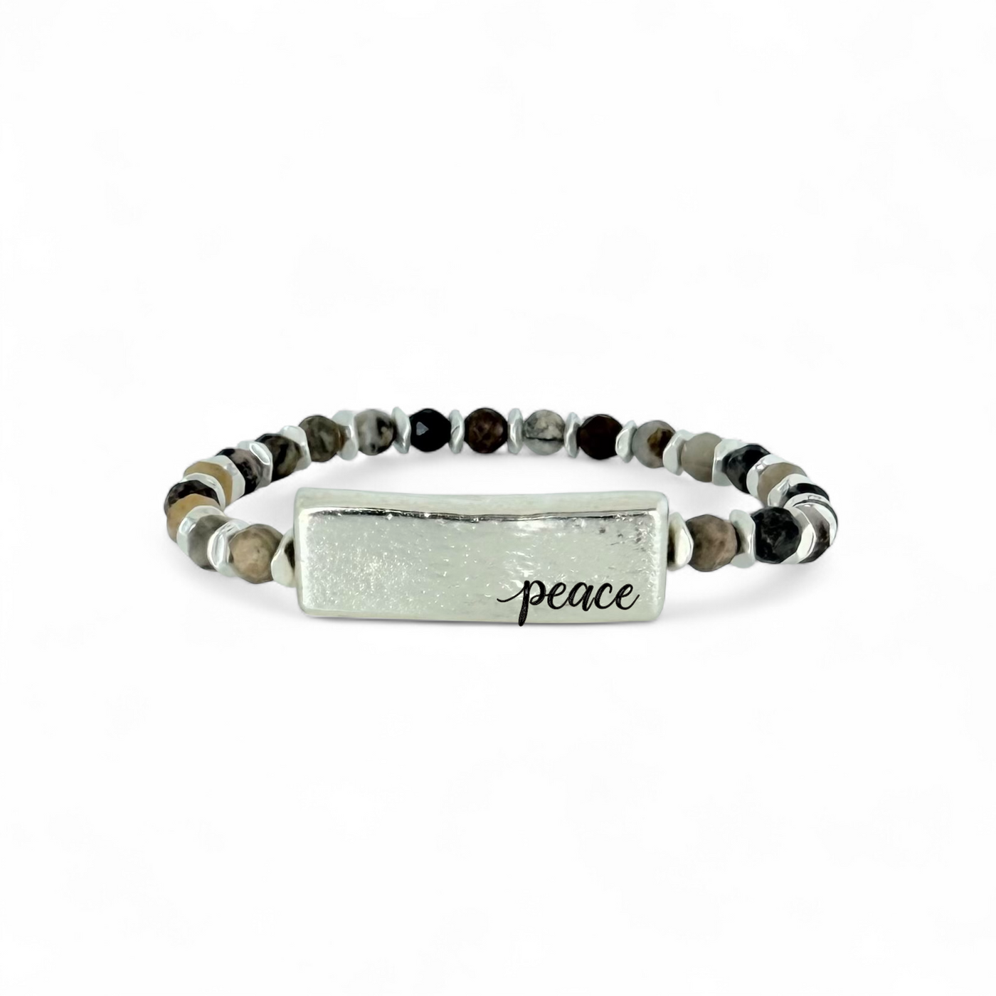 Tessa Engraved Silver Plate - Natural Colored Gemstone - peace