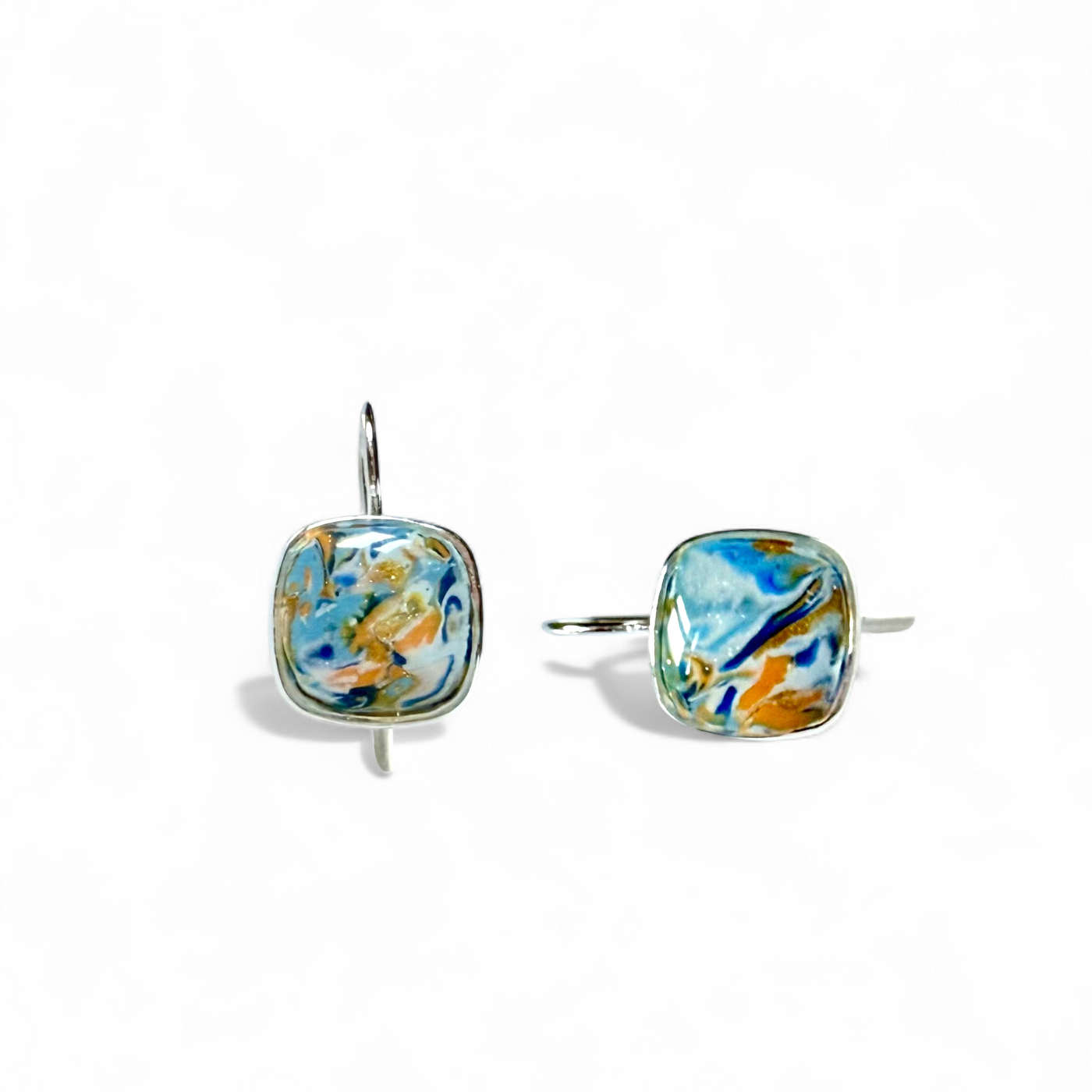Square Drop Earrings - Swirled Summer Sunset - Silver