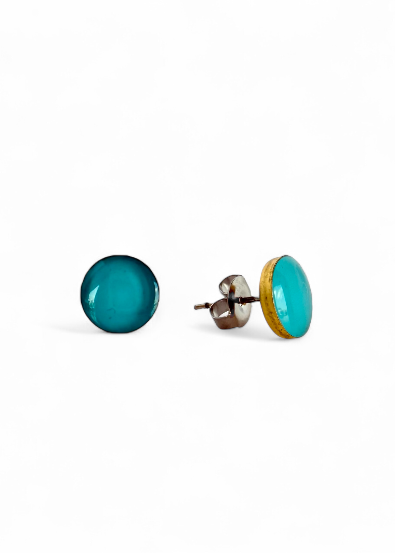 Mini Round Stud Earrings Deep Aqua - Gold