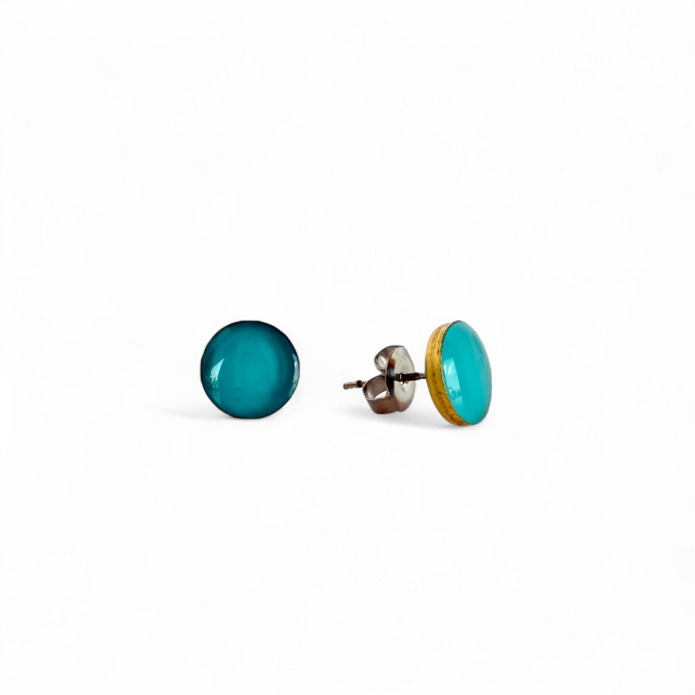 Mini Round Stud Earrings Deep Aqua - Gold