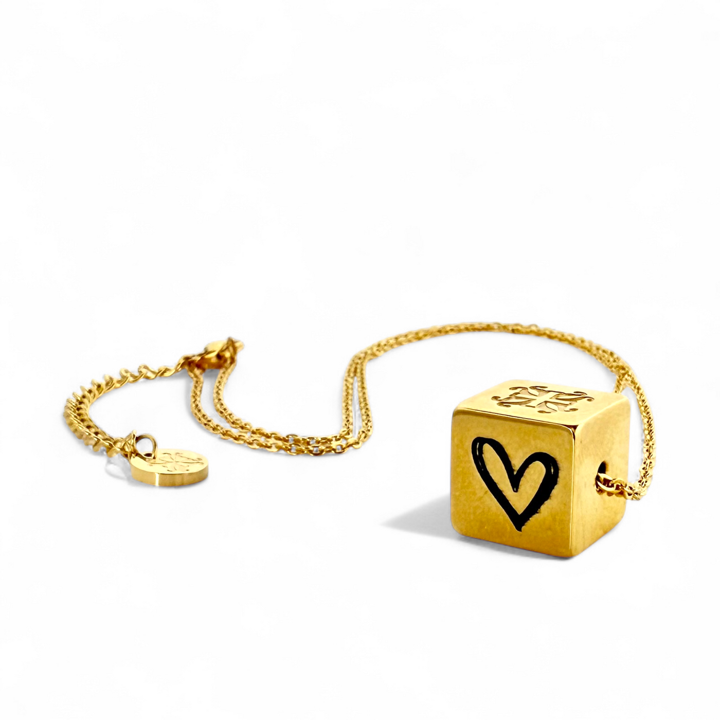 Heart Etched Cube Necklace - Gold