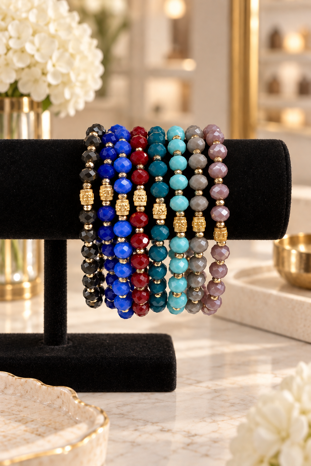 The Owen Turquoise (Gold) bracelet displayed with other Owen colors