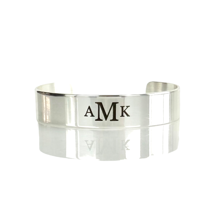 .5 Custom Engraved Monogram Smooth Silver Cuff - Garamond Font