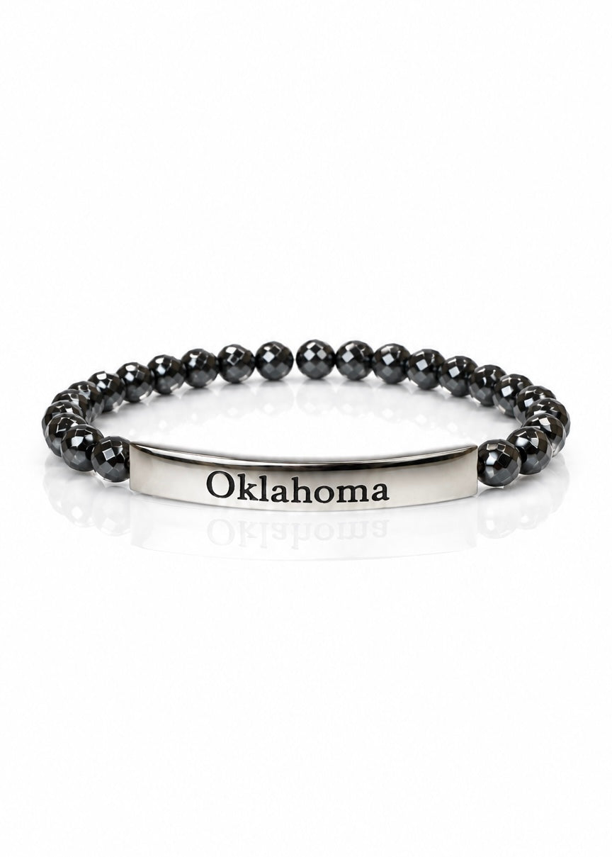 (NEW) Oklahoma Silver Bar Bracelet with Graphite Hematite