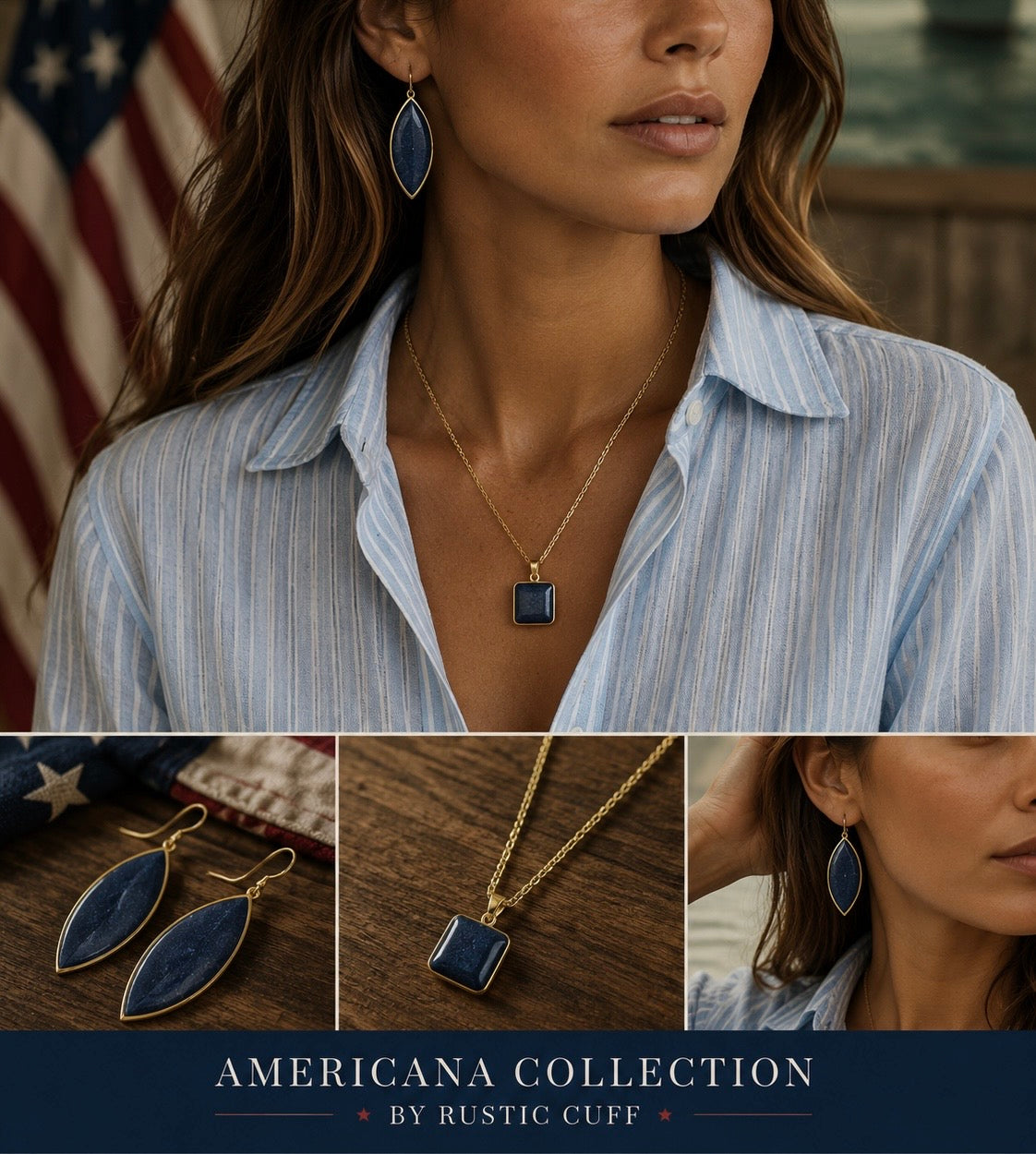 Navy Liberty Square Pendant Necklace - Gold