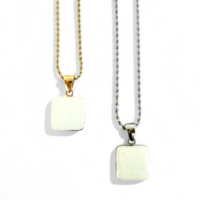 Square Pendant Silver Necklace - Pearl White