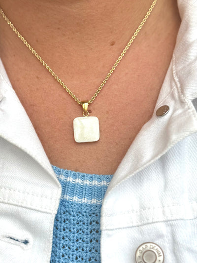 Square Pendant Silver Necklace - Pearl White