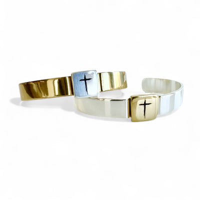.5 Engraved Cross-Small Square Cuff - Silver with Gold Square