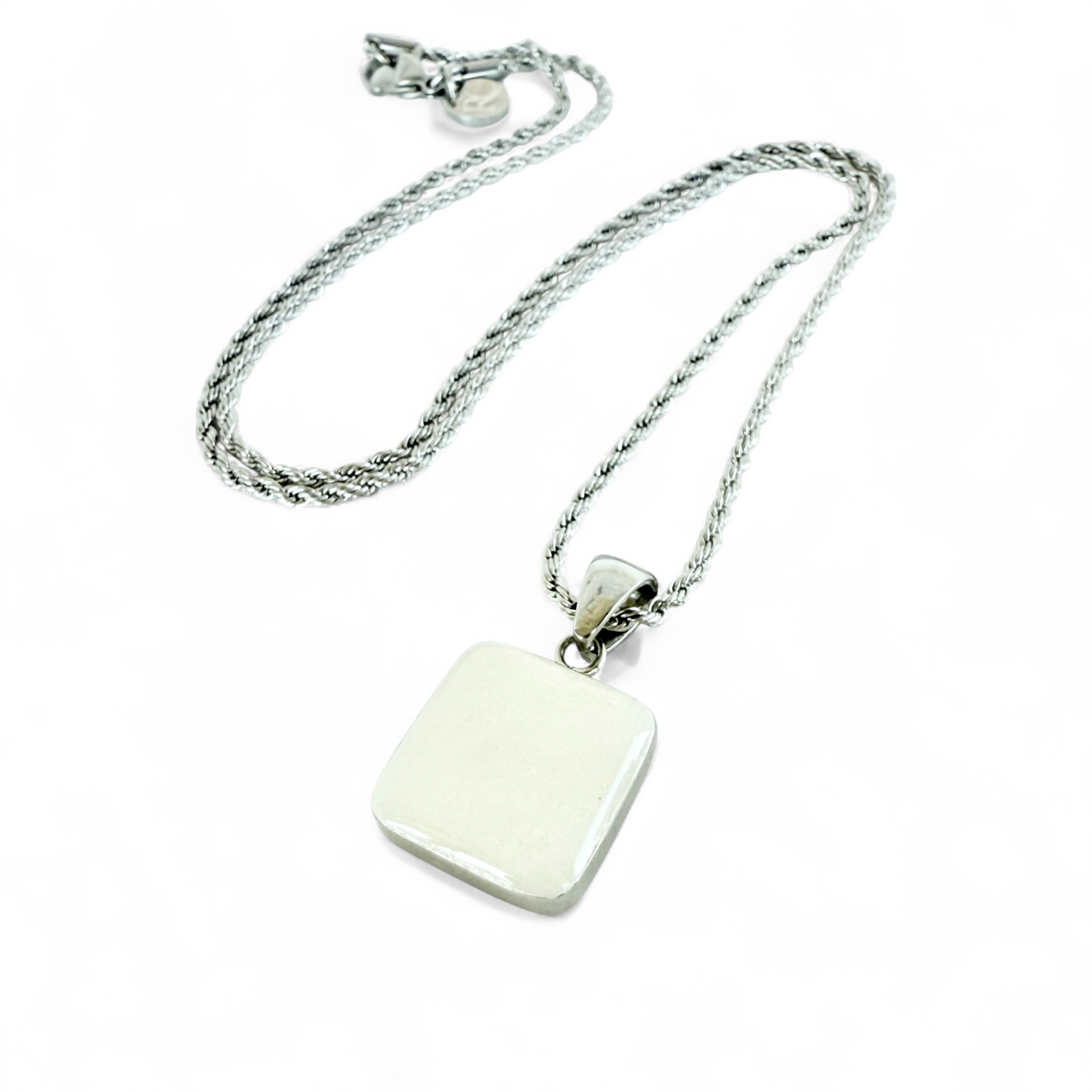 Square Pendant Silver Necklace - Pearl White