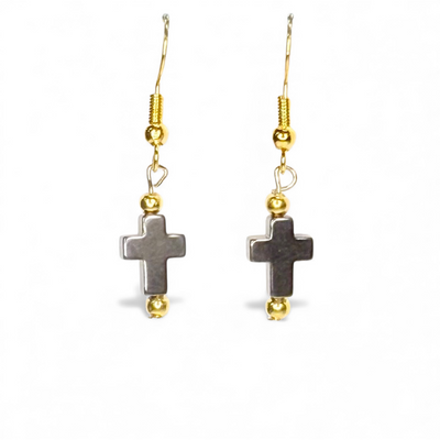 Cross Hematite Earring - Gold