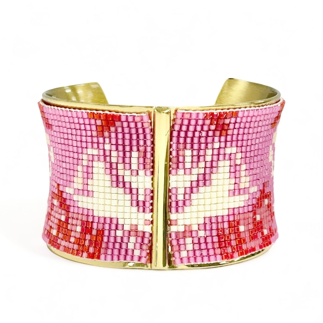 Beaded 1.5 Concave Vertical Bar - Hot Pink and Red on Gold