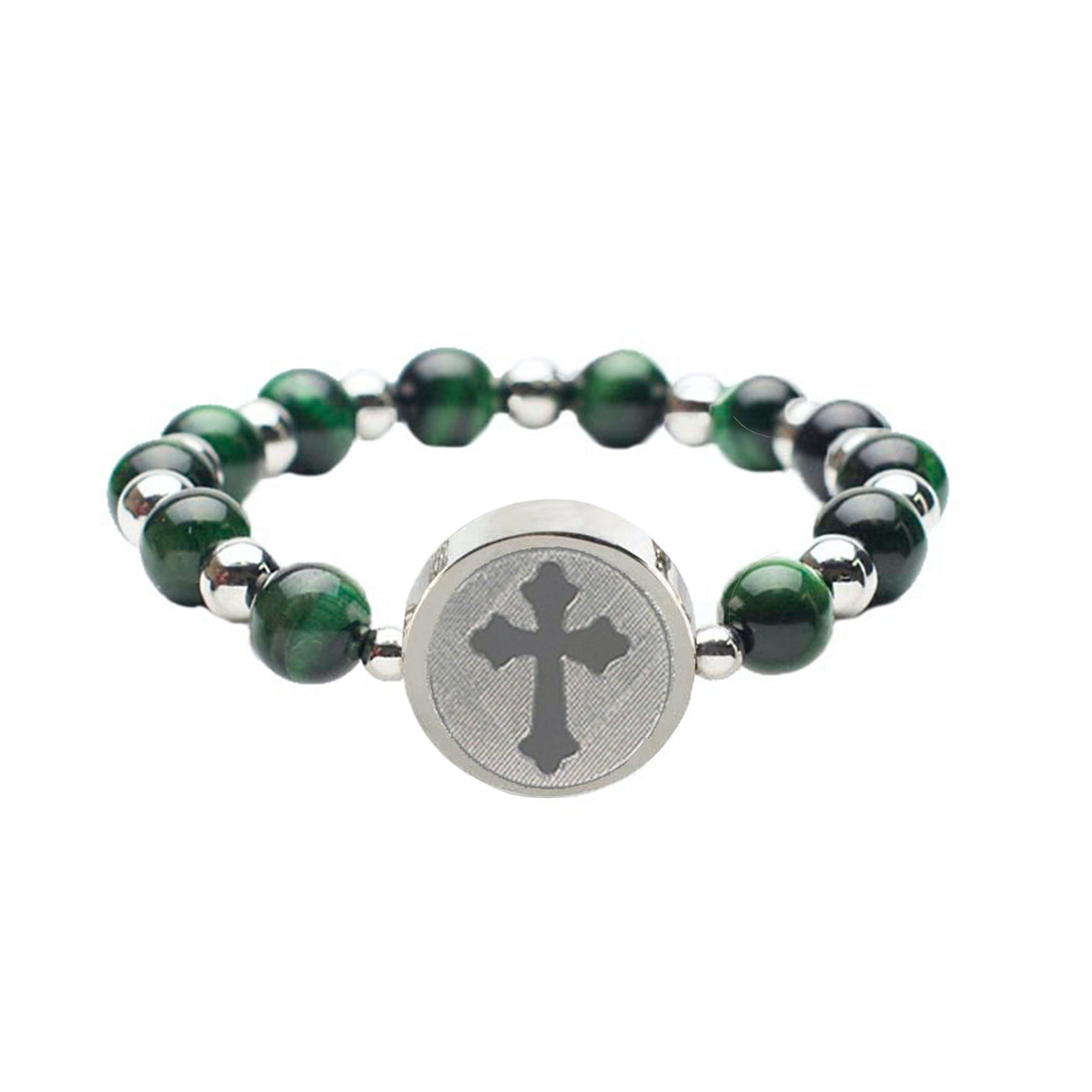 Brandi Coventry Cross Beaded Bracelet - Green Tigers Eye - Silver