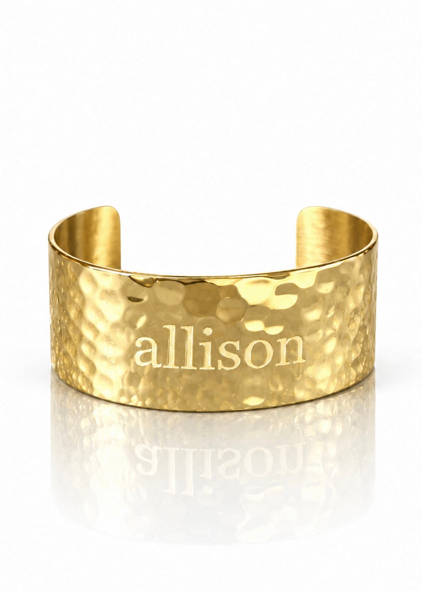 Hammered Engraved Name Cuff – 1½″ Gold