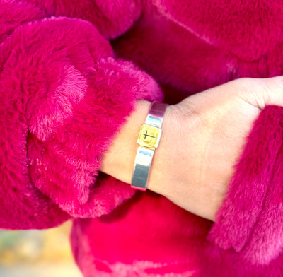 .5 Engraved Cross-Small Square Cuff - Silver with Gold Square