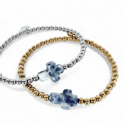 Gemstone Cross - Cloudy Blue Spot Jasper - Gold