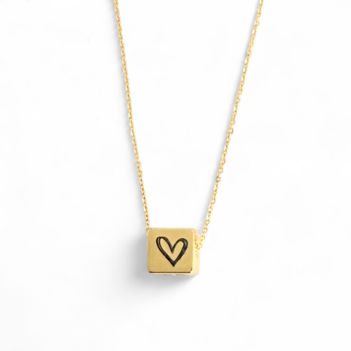 Heart Etched Cube Necklace - Gold